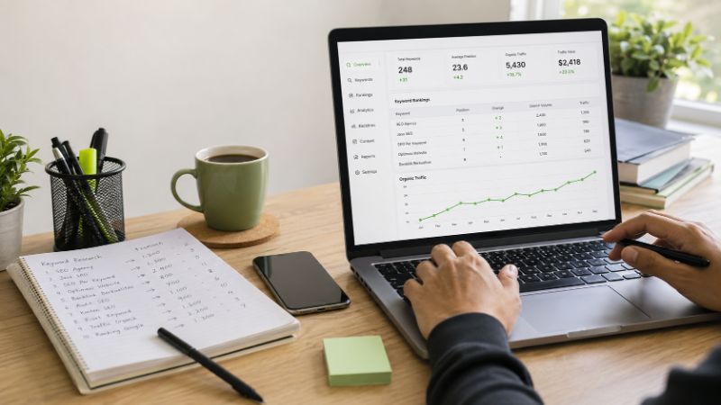 Dashboard laptop menampilkan hasil Jasa SEO per Keyword dengan grafik traffic organik dan catatan riset kata kunci.