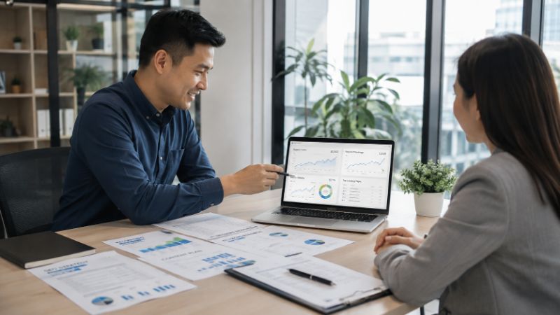 Konsultasi strategi bisnis dan grafik analitik dengan jasa SEO online.