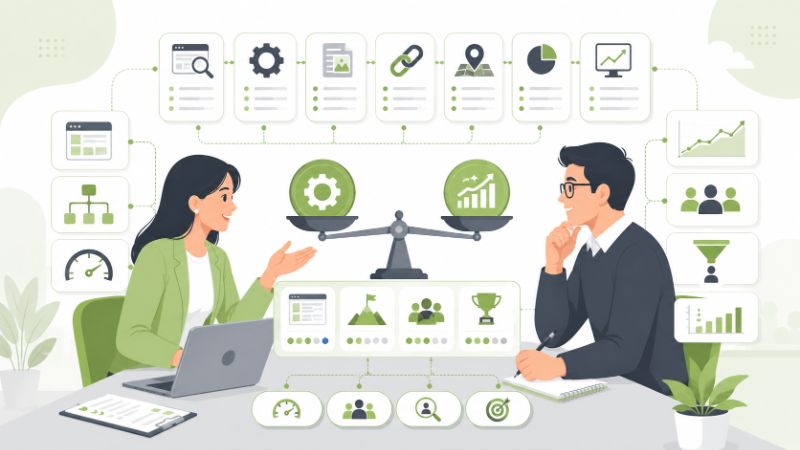 Jasa SEO digital dengan pemilik bisnis dan spesialis SEO meninjau dashboard, KPI, dan hasil optimasi.