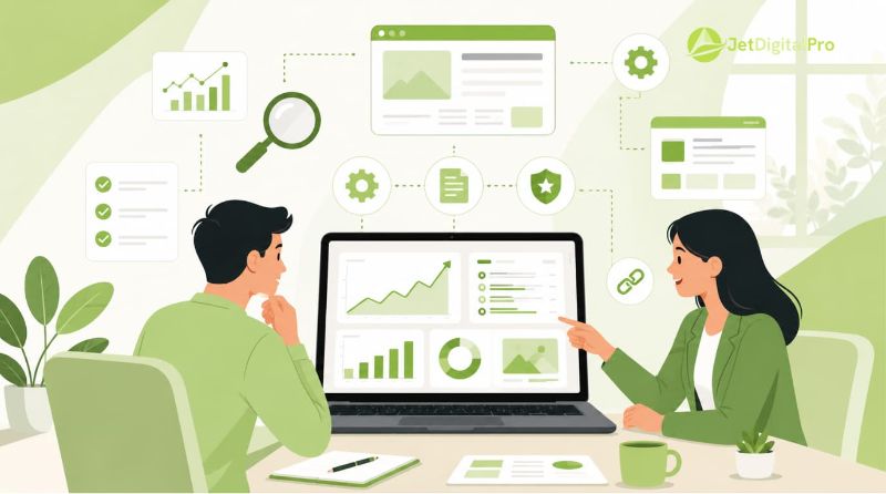Ilustrasi konsultasi dengan penyedia SEO menampilkan grafik pertumbuhan dan ikon strategi digital.