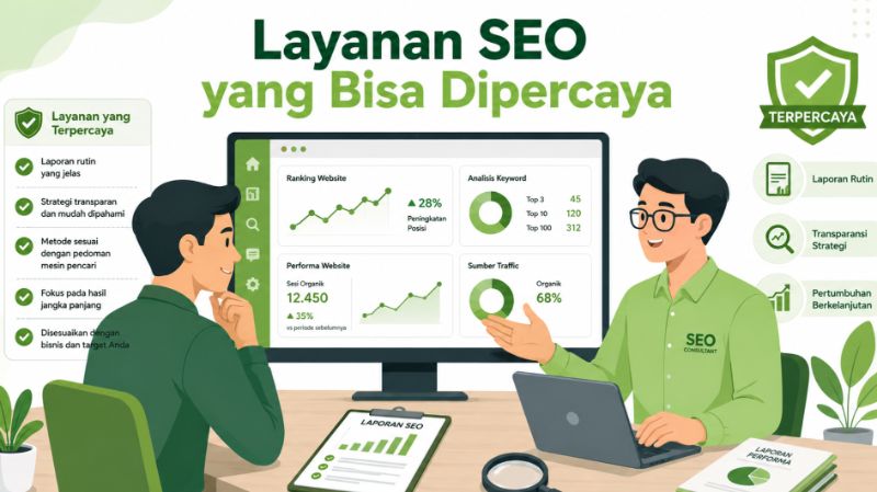 Ilustrasi pemilik bisnis berdiskusi dengan konsultan SEO menggunakan data, laporan, dan indikator kepercayaan.