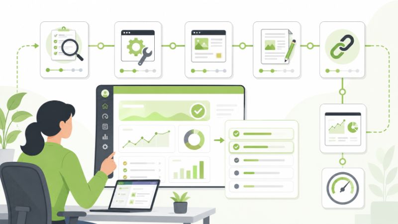 Jasa SEO cepat menampilkan dashboard SEO dengan analitik, checklist, keamanan, dan evaluasi performa.