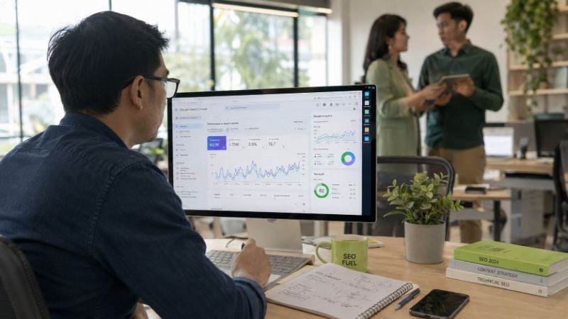 Tim jasa SEO service memantau performa website melalui dashboard Google Search Console dan Analytics di kantor modern.